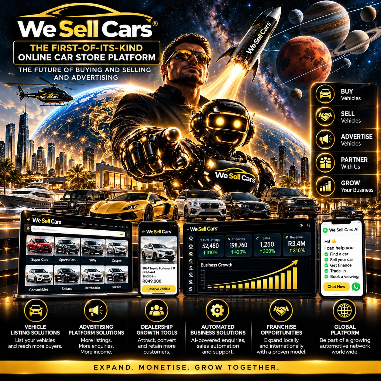 We Sell Cars illustrative platform artwork with cars, digital showroom displays and business solutions
