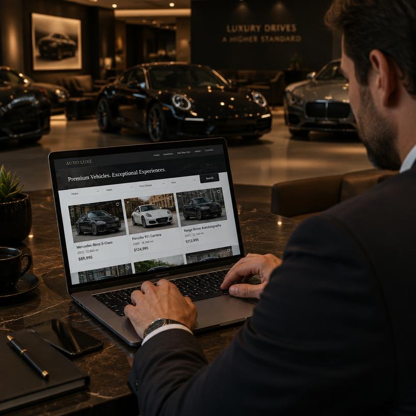 Illustrative image: laptop with vehicle listings in a showroom