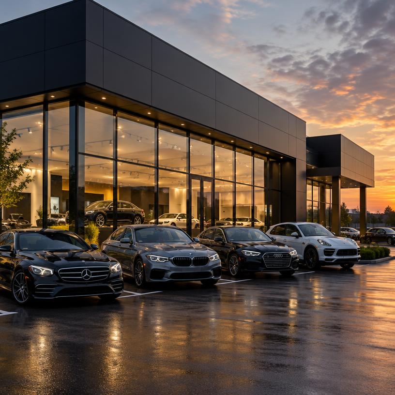 Illustrative image: modern car dealership at dusk