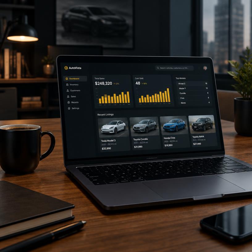 Illustrative image: laptop showing a vehicle inventory dashboard