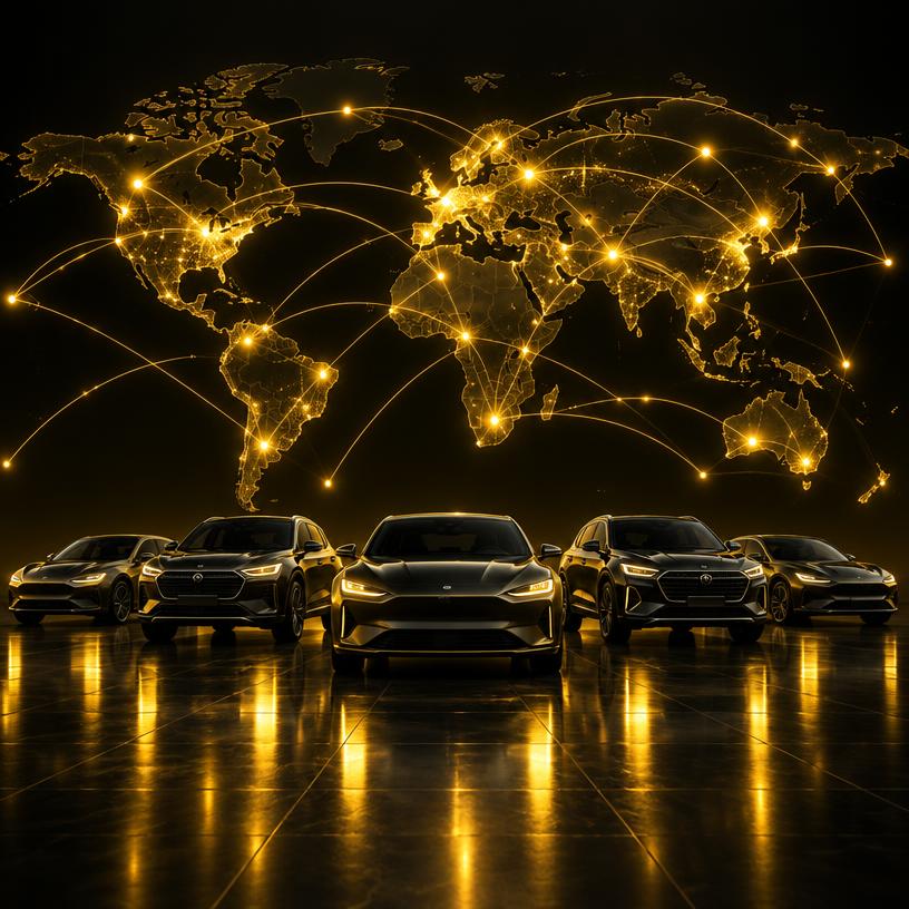 Illustrative image: glowing network map above cars