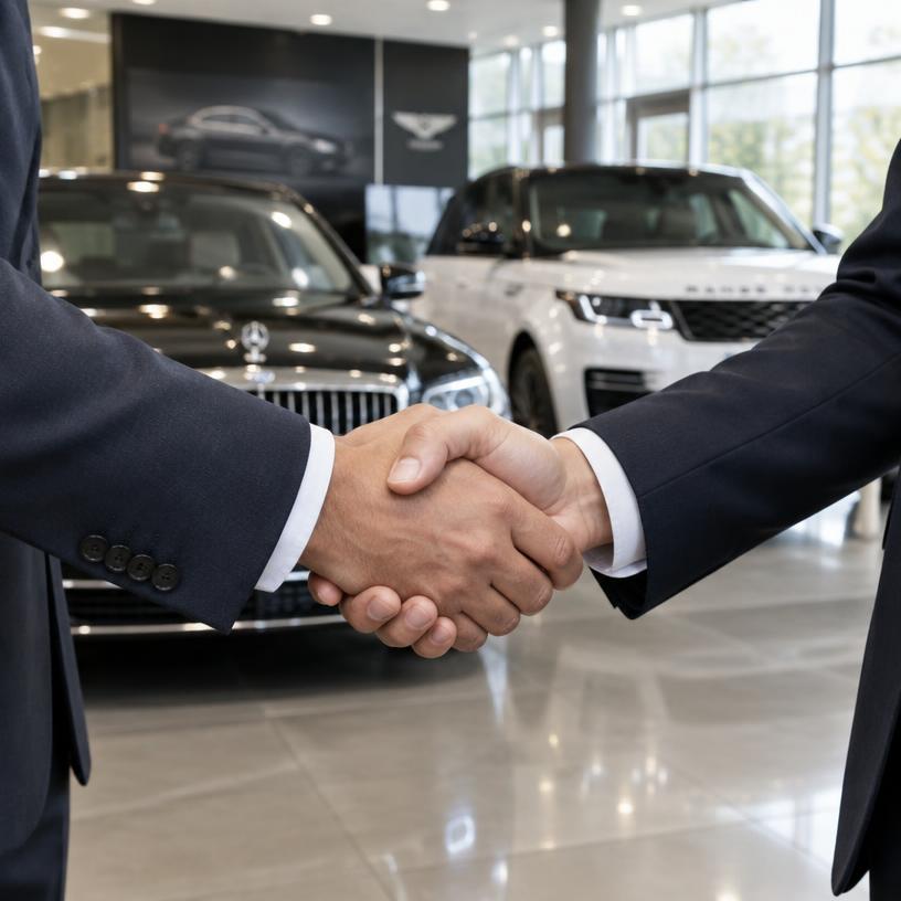 Illustrative image: business handshake in a showroom