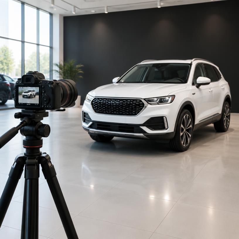Illustrative image: camera photographing an SUV in a showroom